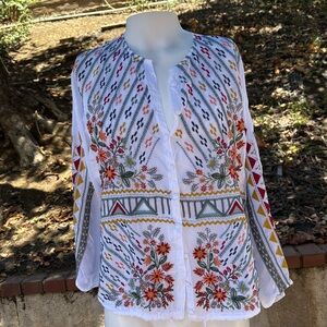 Johnny Was Ezra Blouse, Embroidered Button-Down with Ties at the Hem, Size L